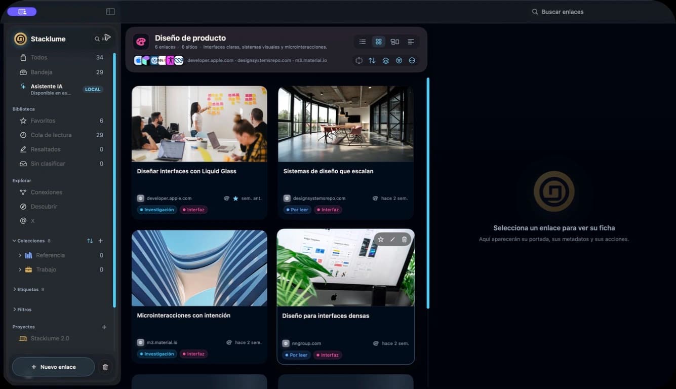 Captura real de Stacklume para Mac mostrando una colección de diseño en vista de cuadrícula
