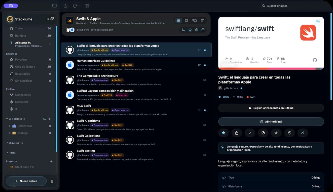 Captura real de Stacklume para Mac mostrando una colección de Swift en vista de lista y una ficha enriquecida